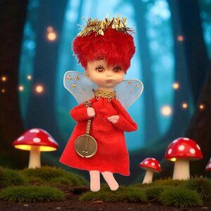 Vintage 1950s Napco Red Hair Pixie Angel Ornament • Felt Elf Japan • Gold Tinsel